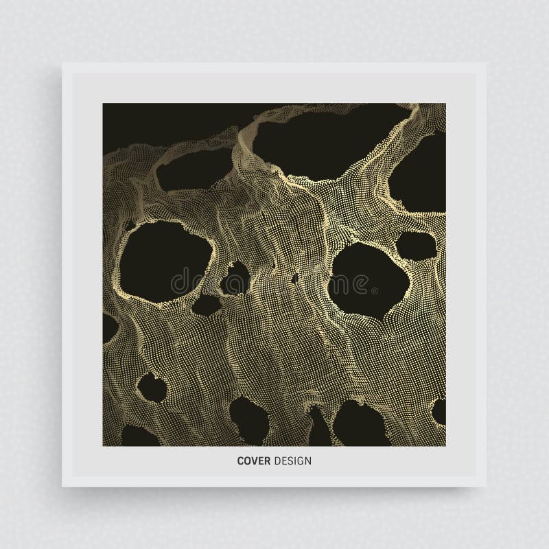 Cover design template. This spiderweb has been broken. Abstract grid background with hole. Array with dynamic particles. Texture. royalty free illustration