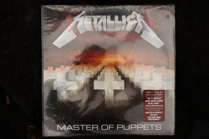 Cover of Metallica Master of Puppets album released in 1986 showcasing metal music
