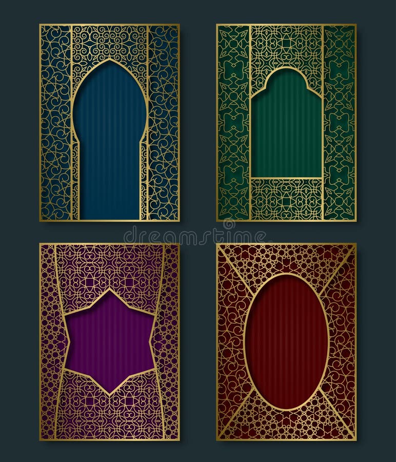 Cover templates set in luxurious oriental style. Booklet, brochure, greeting card backgrounds with ornate golden frames royalty free illustration Cover templates set in luxurious oriental style. Booklet, brochure, greeting card backgrounds with ornate golden frames royalty free illustration