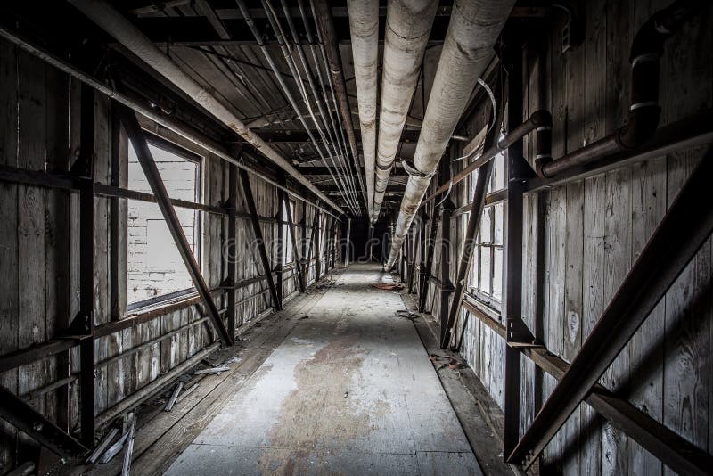 Covered bridge in an abandoned factory royalty free stock images Covered bridge in an abandoned factory royalty free stock images