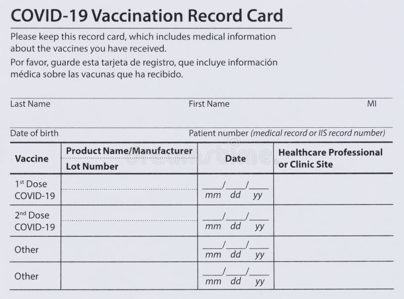 Covid 19 carta da record di vaccinazione sia in inglese che in spagnolo. record individuale da utilizzare durante il covid 19 coro