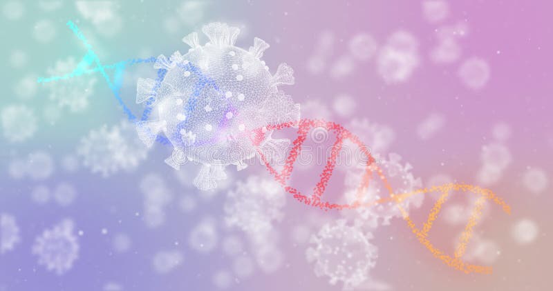 Covid-19 cells floating over dna structure spinning against purple gradient background royalty free illustration