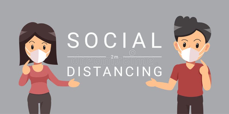 Covid19 concepto de protección hombre y mujer con máscara protectora máscara de cara distanciamiento social ilustración del vector