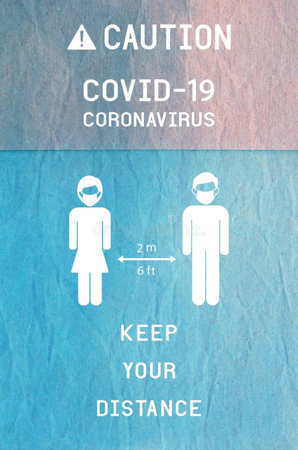 Covid19 coronavirus icoon met concept van sociale afstand op blauw gemummerd papier