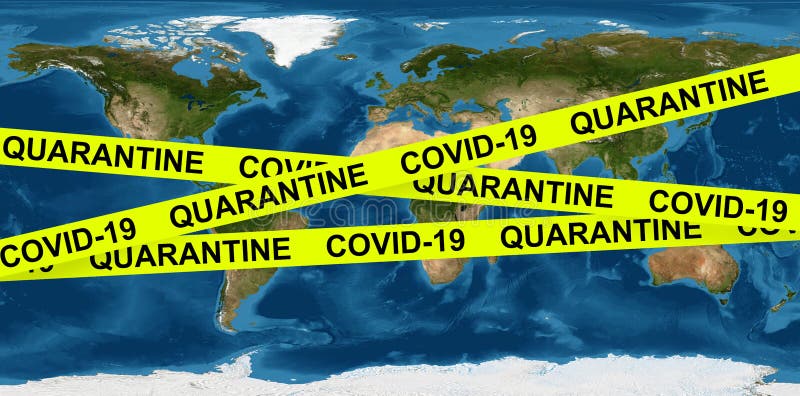 COVID-19 coronavirus pandemic and quarantine concept, caution tape on Earth map. World economy hits by corona virus outbreak