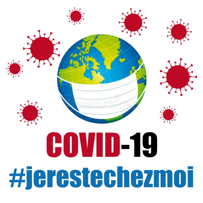 Covid-19 Coronavirus protection mask. Global pandemic prevention. Hashtags i stay at home in french. Vector.