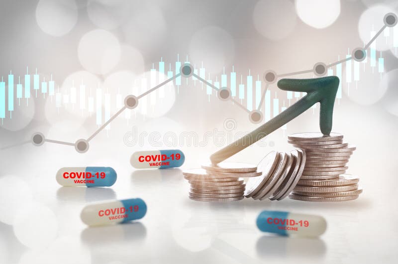 Covid-19 drug capsule vaccine and green arrow upward on stack of coins on growth graph and bokeh background