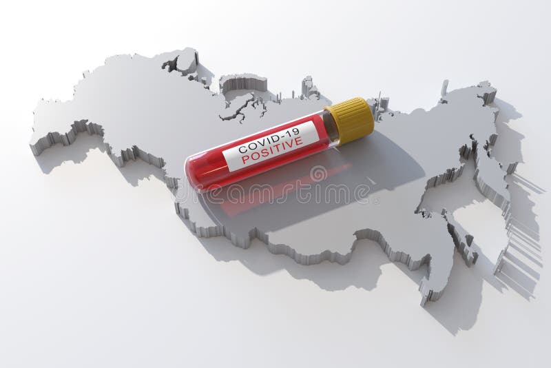 3d rendering of a covid-19 test tube over a map of Russian Federation. 3d rendering of a covid-19 test tube over a map of Russian Federation