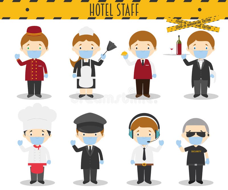 Vector Set of Hotel Staff Professions with surgical masks and latex gloves in cartoon vector illustration Vector Set of Hotel Staff Professions with surgical masks and latex gloves in cartoon vector illustration