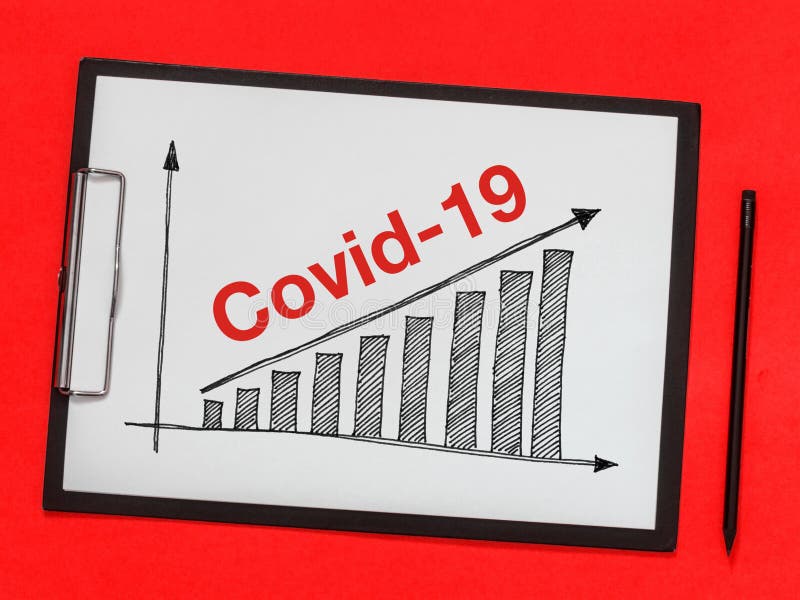 Covid-19 infection growth graph on tablet with sheet of white paper on red background. Virus spread or coronavirus concept