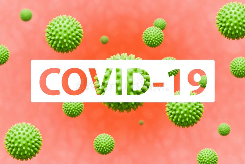 Covid-19 inscription on coronavirus model background. Virus strain concept banner.