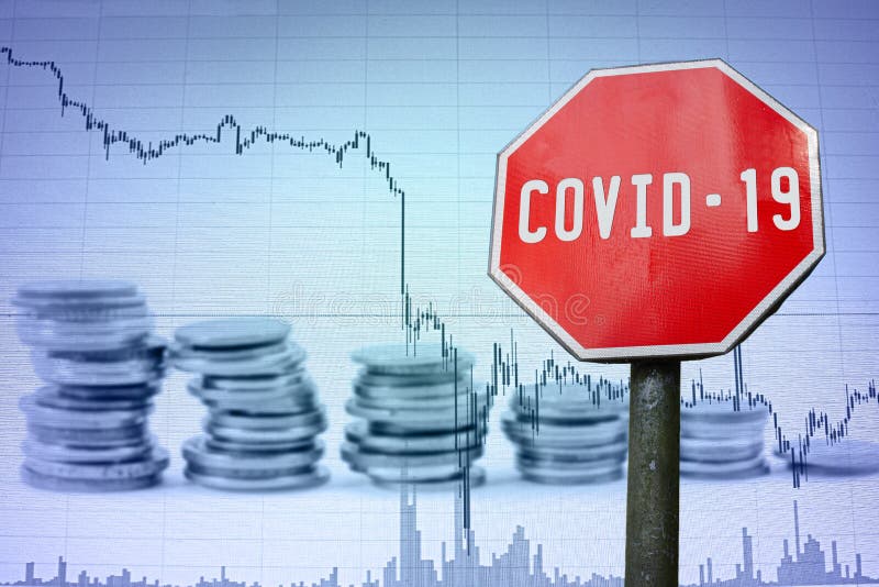 Covid19-tecken på ekonomins bakgrundsdiagram och mynt