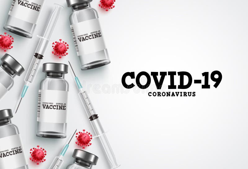 Covid-19 vaccination vector background. Covid19 coronavirus vaccine bottles and syringe injection vector illustration