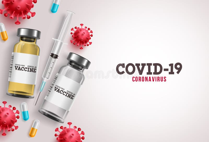 Covid-19 vaccine vector banner. Coronavirus covid-19 vaccine with syringe injection tools