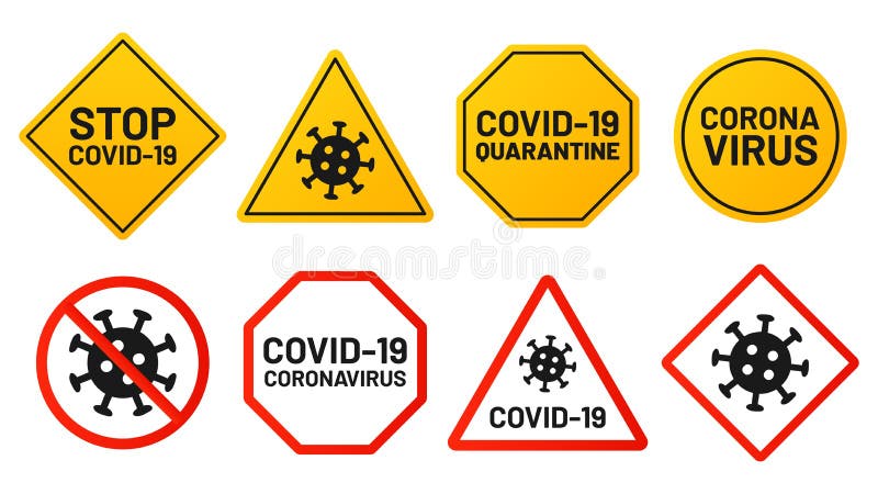 Covid19 подписывает знамя вируса запрета и остановки желтый и красный символ иллюстрация вектора