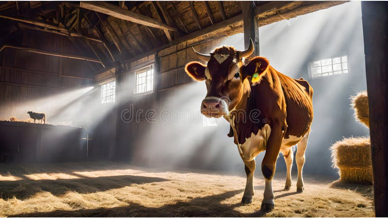 Cow in a barn with sun rays coming through the window. royalty free illustration
