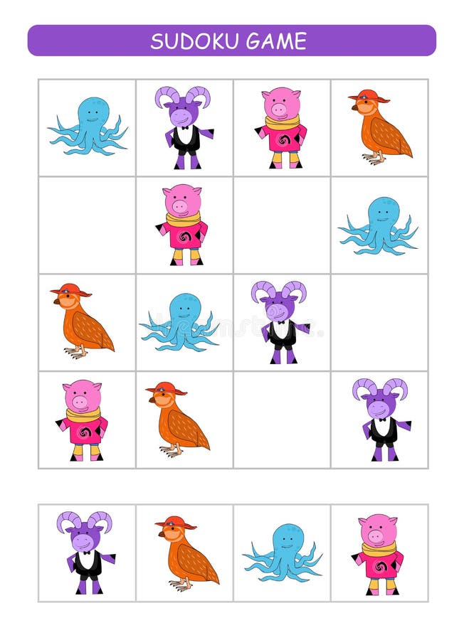 Sudoku for kids. Kids activity sheet. Training logic, educational game. Sudoku game with animals. vector illustration Sudoku for kids. Kids activity sheet. Training logic, educational game. Sudoku game with animals. vector illustration