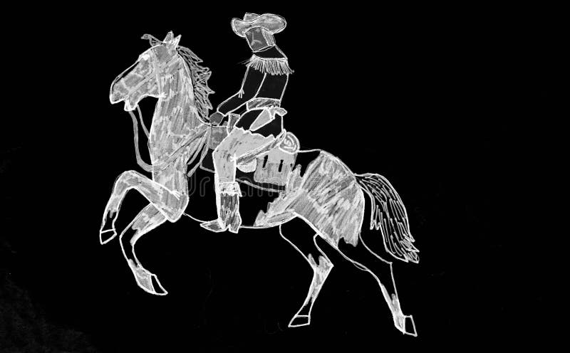 White drawing on a black background representing a cow boy with his horse. Angel rider illustrations