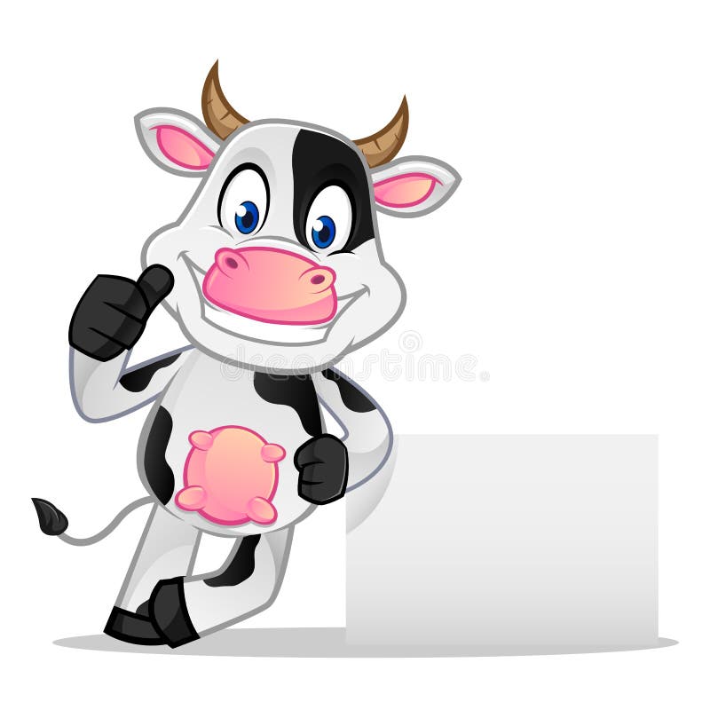 Cow leaning on white sign stock vector. Illustration of mascot - 138634502