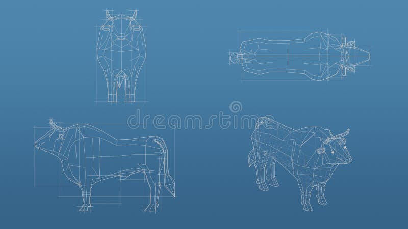 Cow 3d Blueprint Mesh Model on a Blue Background. Front View Orthographic  and Perspective Free Style Render, 3d Rendering Stock Illustration -  Illustration of design, frame: 218888532