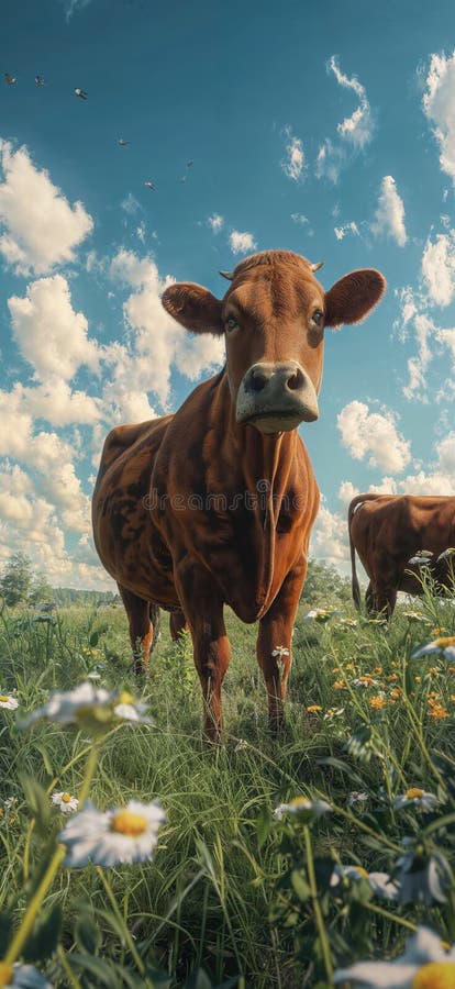 Cow in a flowering meadow. Cows in a pasture stock illustration