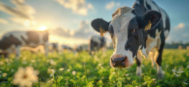 Cow in a flowering meadow. Cows in a pasture stock illustration