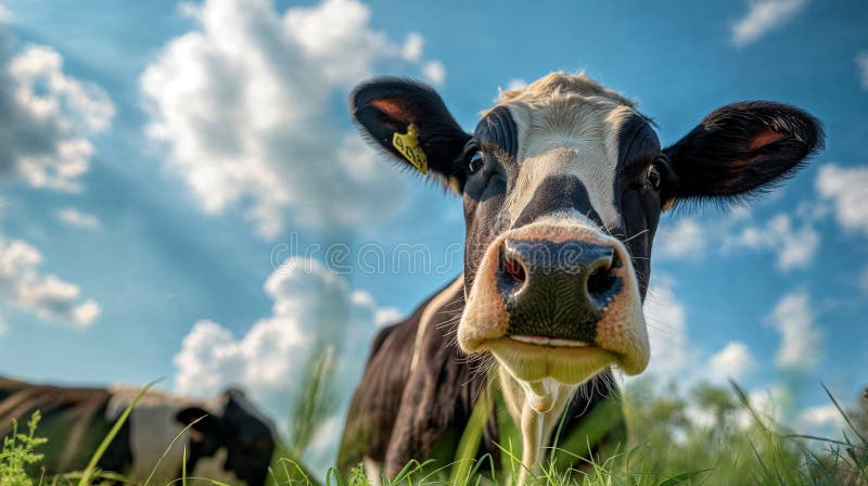 Cow in a flowering meadow. Cows in a pasture stock illustration