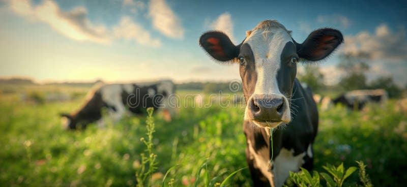 Cow in a flowering meadow. Cows in a pasture vector illustration