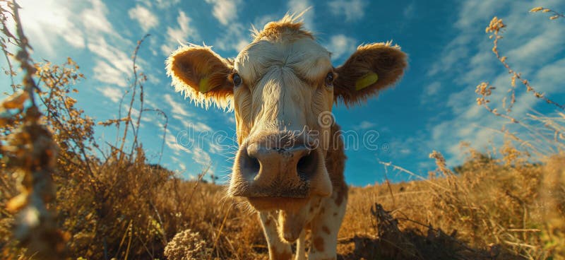 Cow in a flowering meadow. Cows in a pasture vector illustration