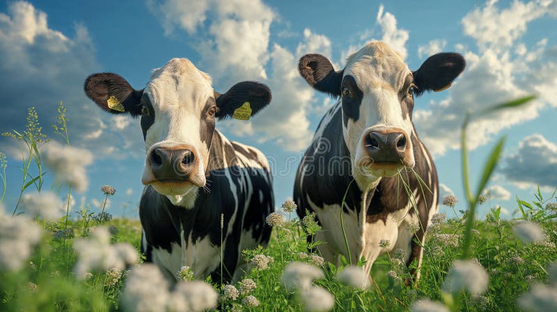 Cow in a flowering meadow. Cows in a pasture royalty free illustration
