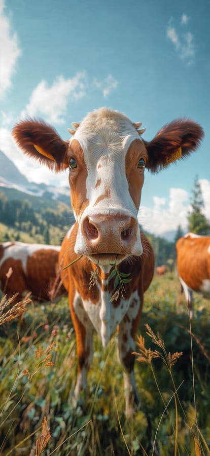 Cow in a flowering meadow. Cows in a pasture stock illustration