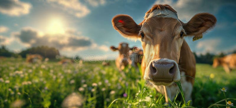 Cow in a flowering meadow. Cows in a pasture stock illustration