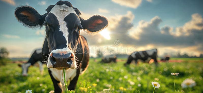 Cow in a flowering meadow. Cows in a pasture vector illustration