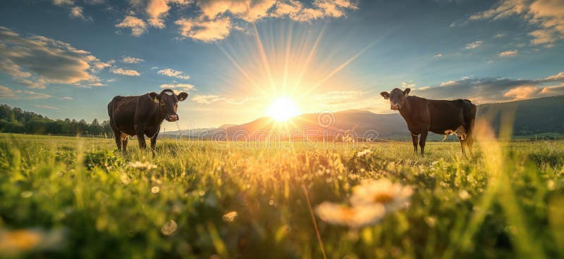Cow in a flowering meadow. Cows in a pasture vector illustration