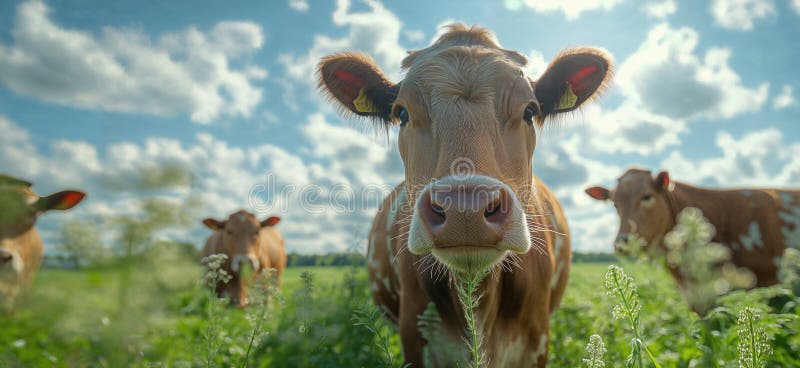 Cow in a flowering meadow. Cows in a pasture vector illustration
