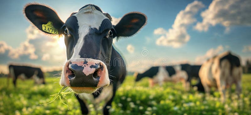 Cow in a flowering meadow. Cows in a pasture vector illustration