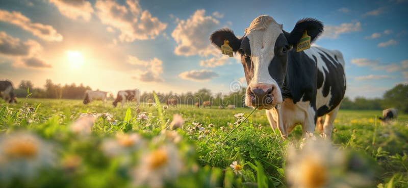 Cow in a flowering meadow. Cows in a pasture royalty free illustration