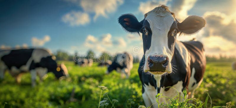 Cow in a flowering meadow. Cows in a pasture royalty free illustration
