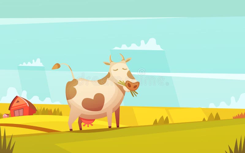 Cow Grazing On Farmland Cartoon Poster