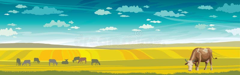 Cow and green meadow. Rural landscape.