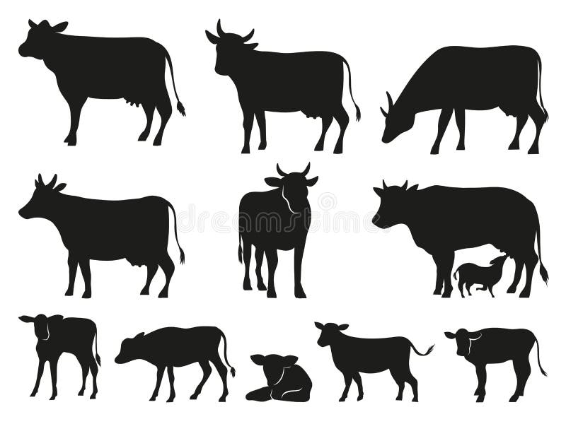 Cow silhouette. Black cows and calf mammal animals vector icons set