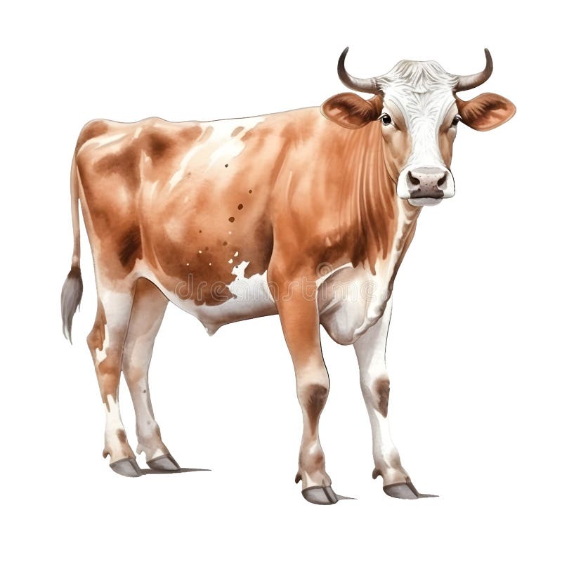 Cow Watercolor Illustration. Brown Swiss Breed Stock Illustration