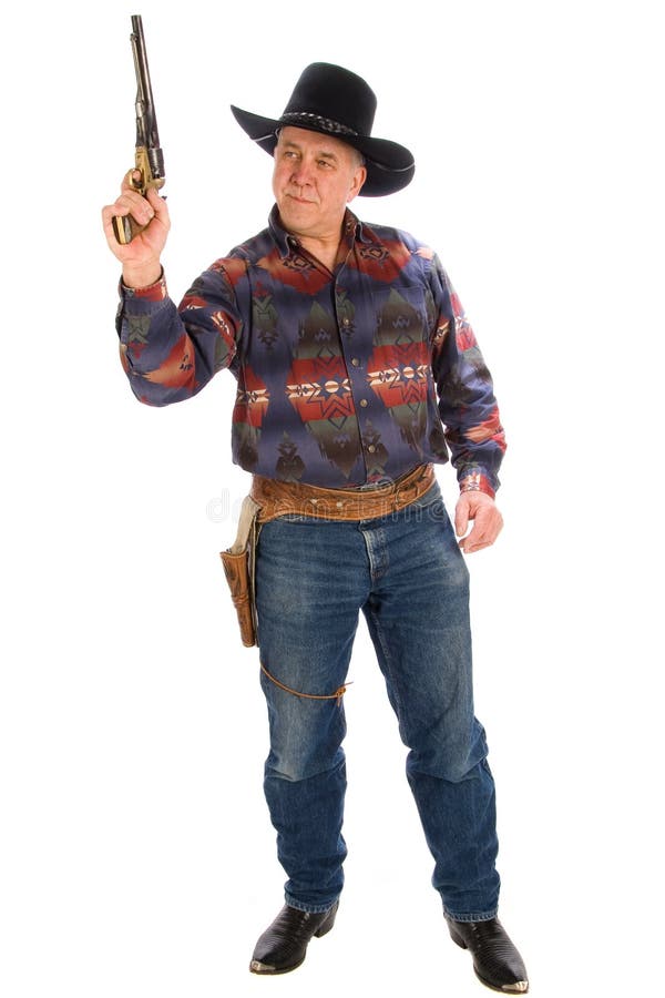 Full length shot of a mature cowboy wearing a western style shirt holding his gun up to the side. Isolated on white. Full length shot of a mature cowboy wearing a western style shirt holding his gun up to the side. Isolated on white.