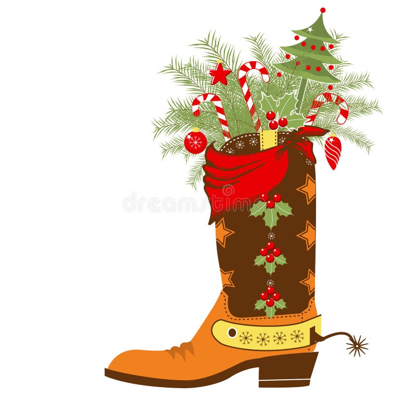 Cowboy boot with Christmas elements isolated on wh