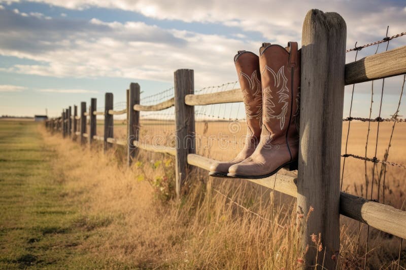 Cowboy Boots on a Fence Post in a Rural Setting Stock Illustration