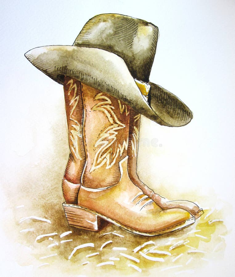 Cowboy boots and western hat watercolor hand drawn illustration isolated on white for design. Country rodeo cowboy American tradit