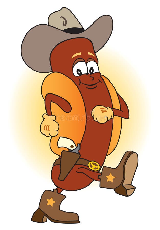 Cowboy hot dog with hat, boots and gun is strutting down the street. Cowboy hot dog with hat, boots and gun is strutting down the street