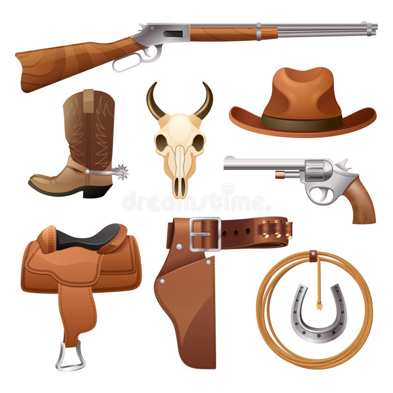 Cowboy Elements Set. L'insieme di elementi del cowboy con il cranio a ferro di cavallo del cappello della sella ha isolato l'illustrazione di vettore