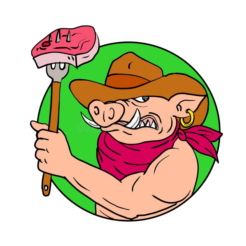 Cowboy Hog Holding Barbecue Steak Drawing Color