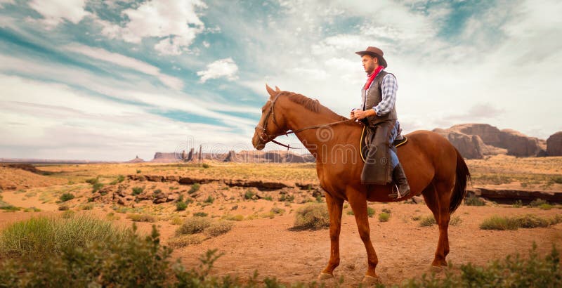 Cowboy in leather clothes riding a horse, western.